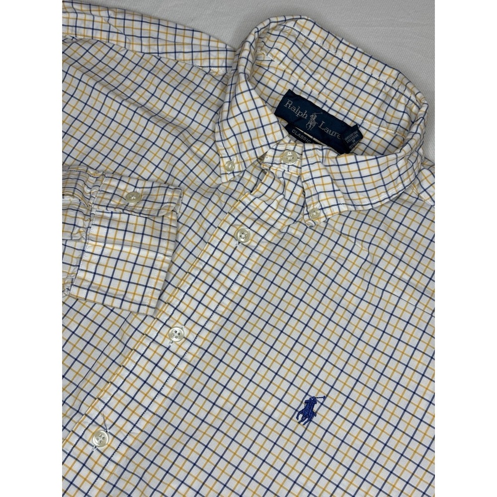 Ralph Lauren Classic Fit Long Sleeve Button Down Shirt Yellow Blue Plaid Medium